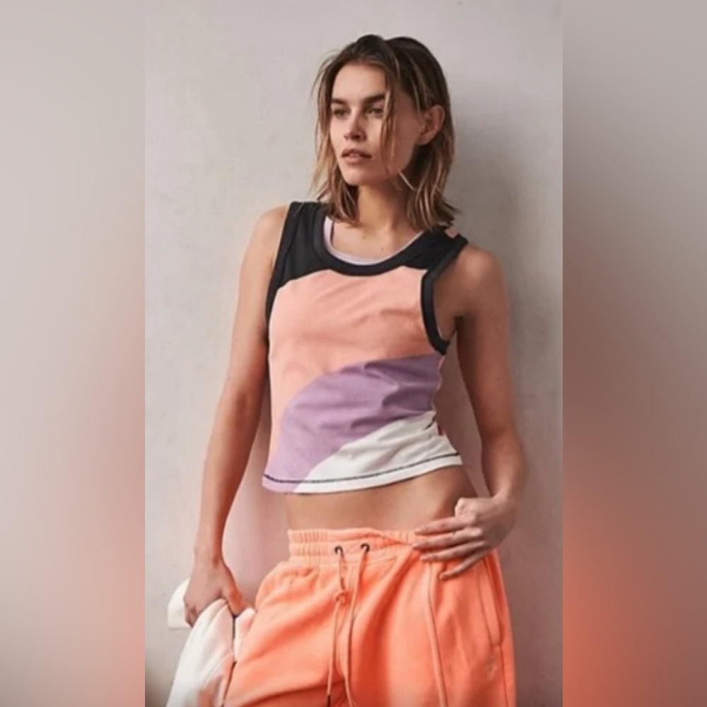 Free People FP Movement Back to Basics Printed Tank Small Colorblock Purple Pink